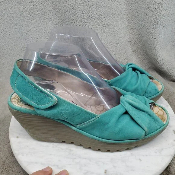 Fly London Shoes Womens Size EU38 US 7.5 Yakin Teal Leather Wedge Sandals *Read* - Picture 4 of 10